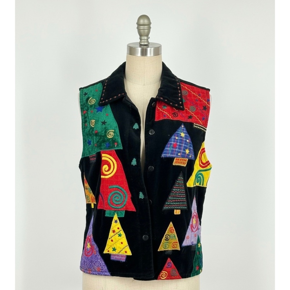 Carrie Allen Christmas Tree Velvet Vest Black Cotton Button Up Medium‎